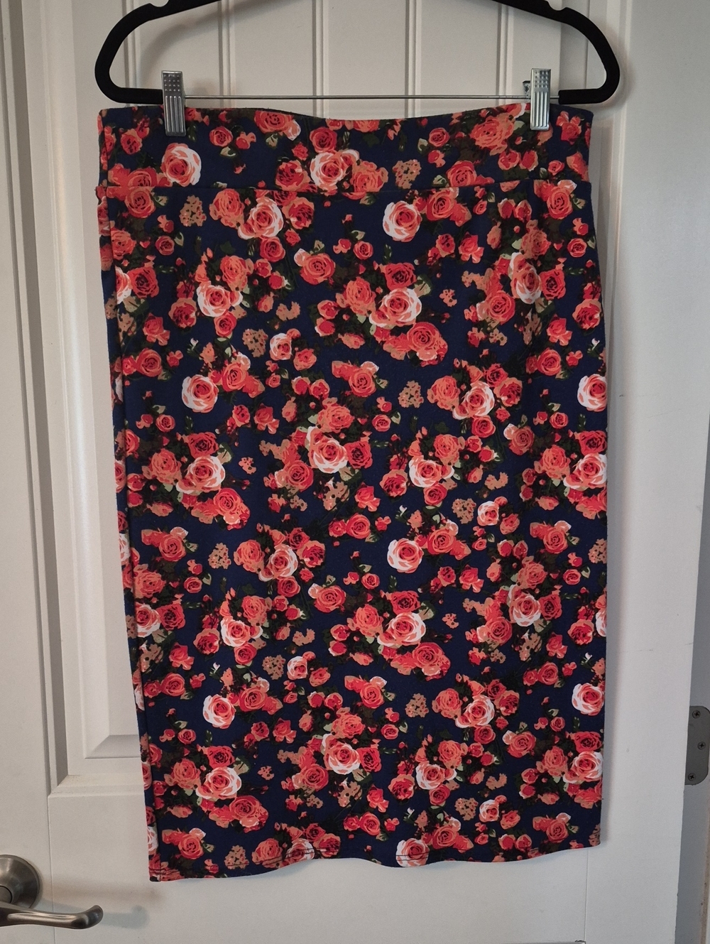 Azules Navy Pencil Skirt with Coral Rose Print